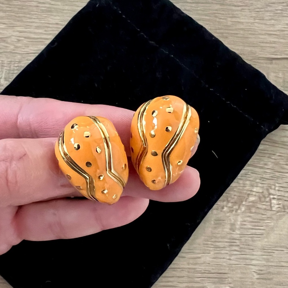 Vintage 80’s St. John Gold and‎ Orange Enamel Clip On Earrings “rare”